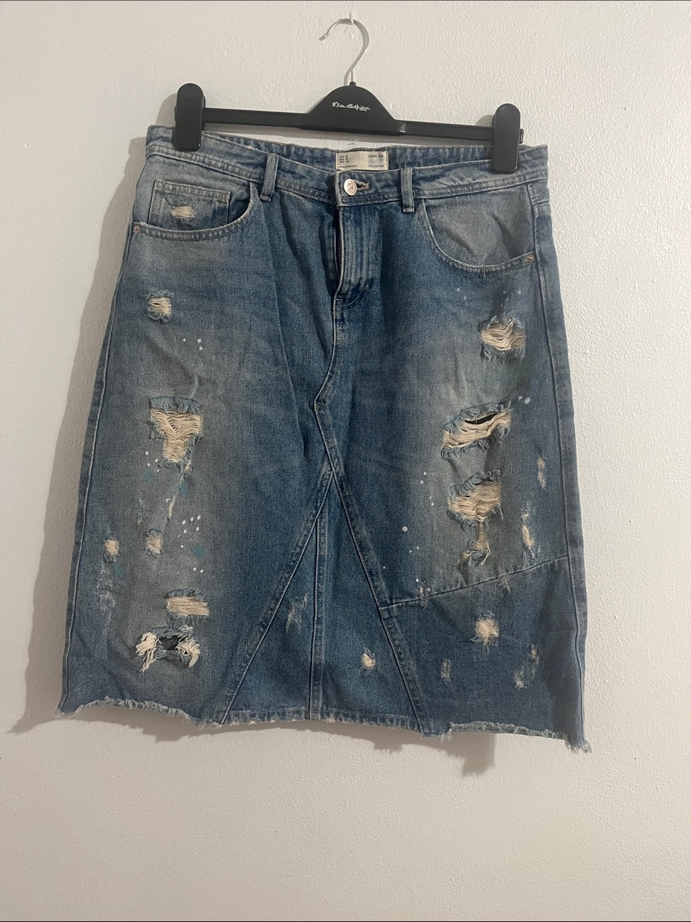 Zara Distressed Denim Midi Skirt in Blue